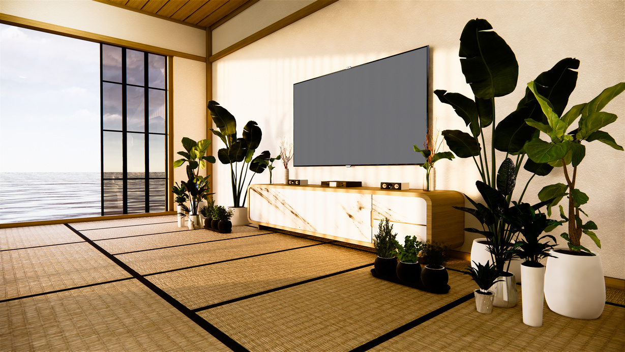 TV Cabinet Surrounded by Houseplants      